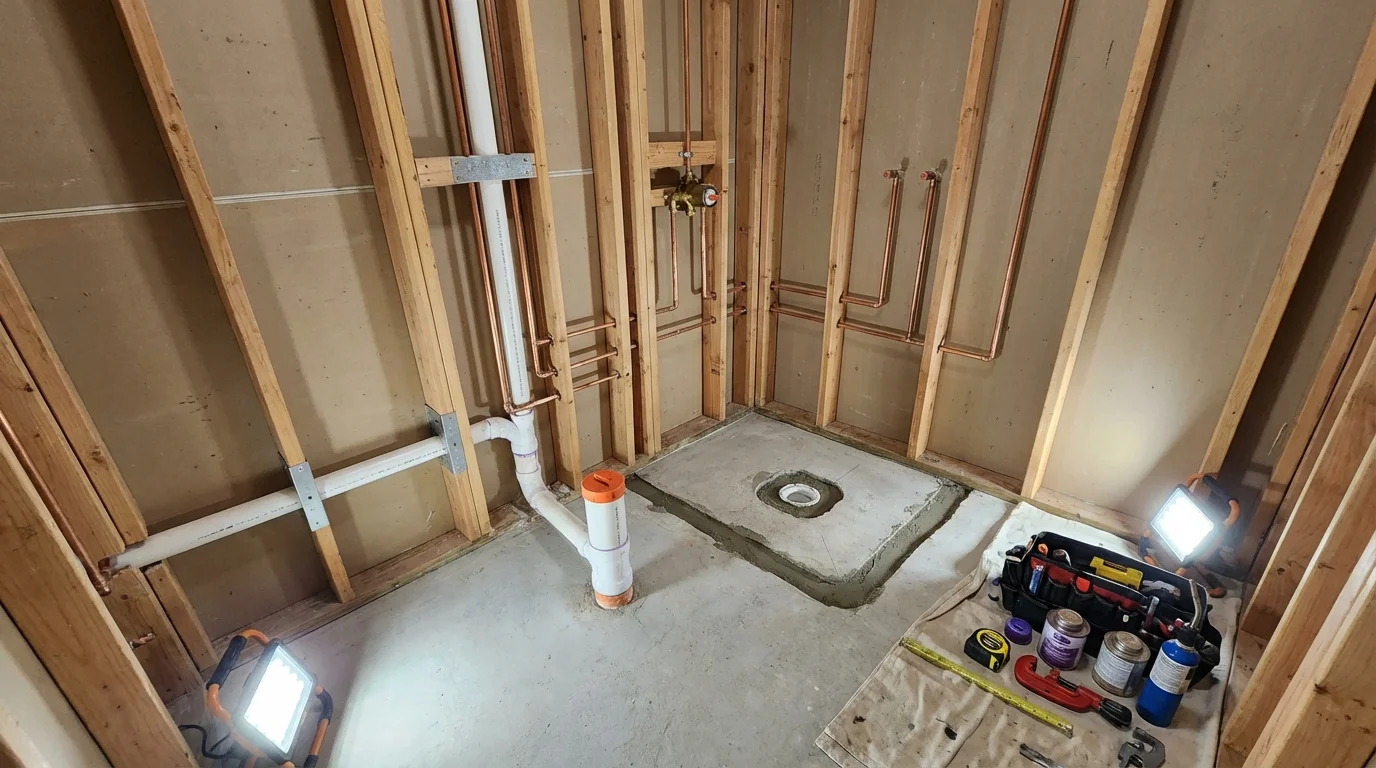 Bathroom rough-in plumbing during remodel by Johns Plumbing LLC in Chula Vista
