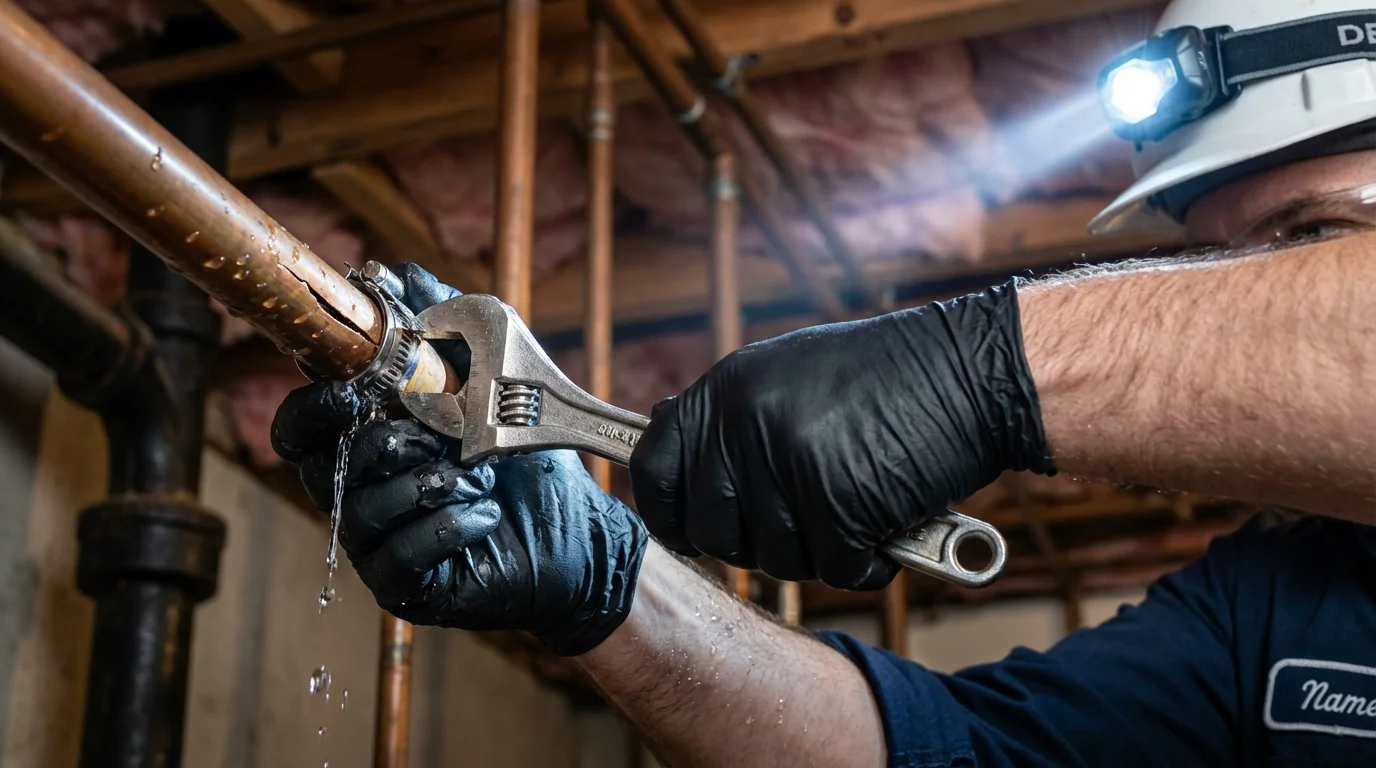 Emergency pipe clamp repair being performed by a Johns Plumbing LLC plumber in Chula Vista