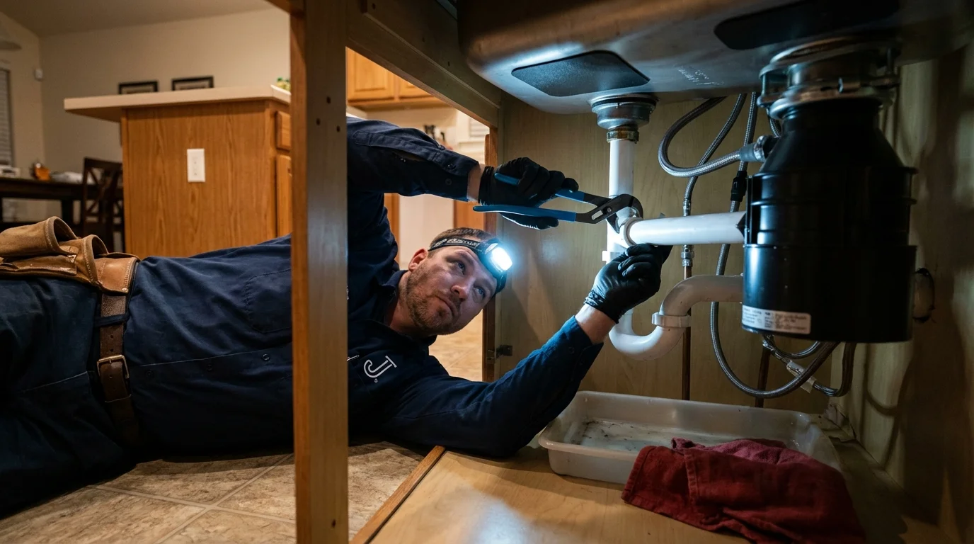 P-trap and supply line connections under a kitchen sink showing a common leak point in Chula Vista, CA